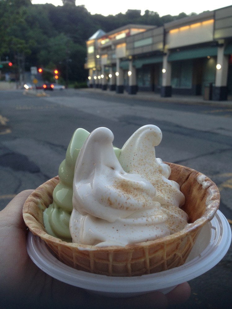Three flavor ice cream (Vanilla, Roasted Matcha, & Green Matcha) on a waffle by Matcha Love by Ito En