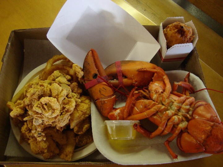 Hot boiled lobster, "down river combo", and some clamcakes