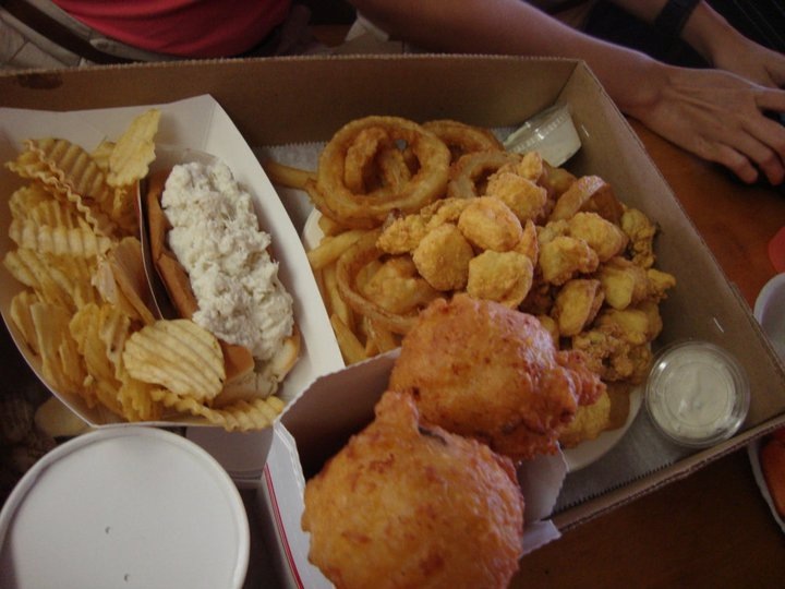 Lobster roll, "down river" combo, clamcakes, and clam chowder
